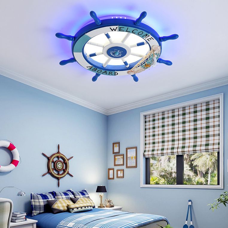 Children's Room Flushmount Light Boy Bedroom Room Study Kindergarten Mediterranean Style Creative Cartoon Ship Rudder Eye Protection Lamps
