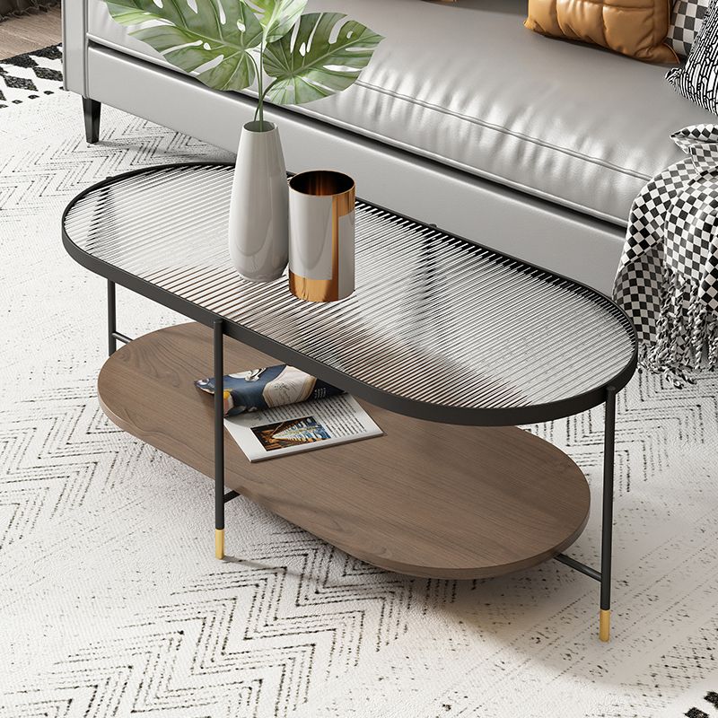 Modern Iron 4 Legs Coffee Table with Shelf Round Cocktail Table in Natural