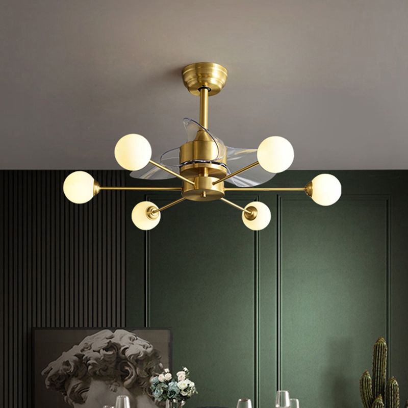 34" W Opaline Glass Ball Semi Flush Mount Lighting Postmodern Brass Remote Control Ceiling Fan Light with 3 Blades