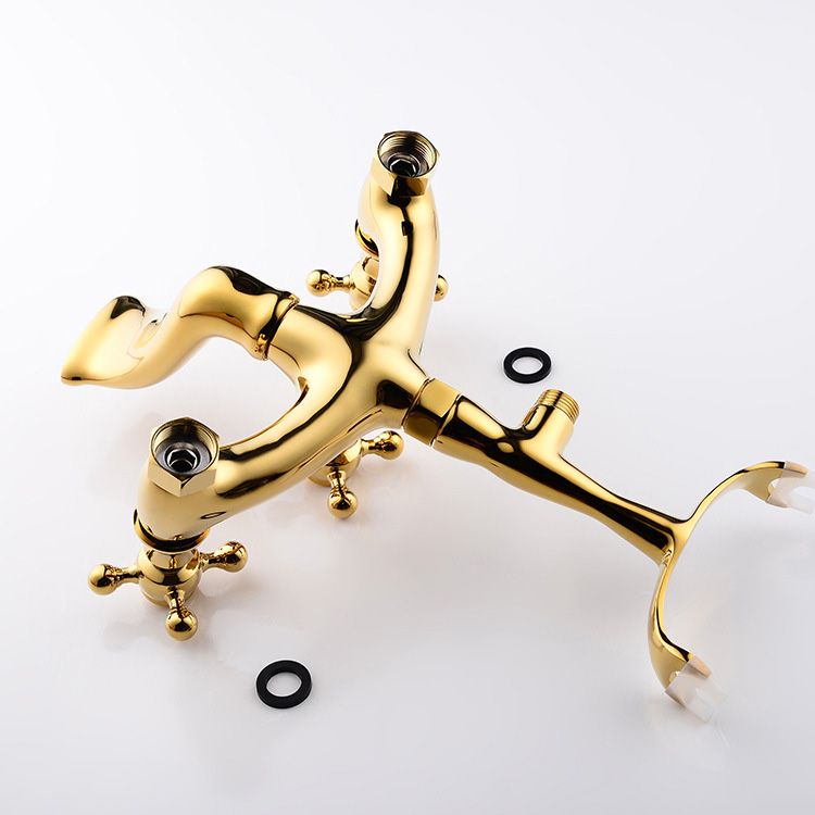 Floor Mounted Tub Spout 3 Handles Traditional Freestanding Tub Filler in Gold