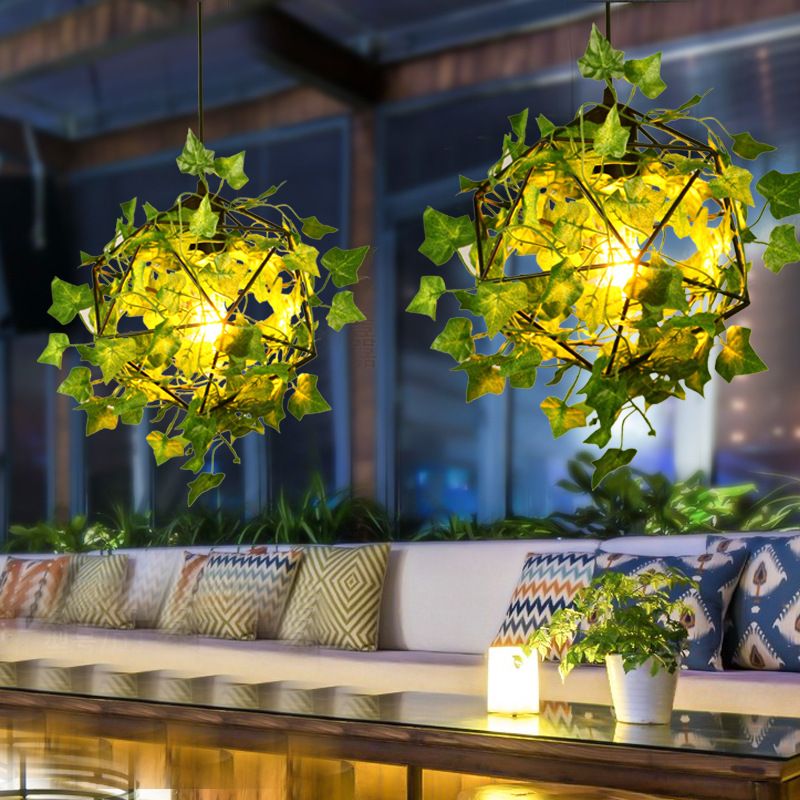 Geometric Restaurant Pendant Ceiling Light Retro Metal 1 Head Black LED Drop Lamp with Plant Decor