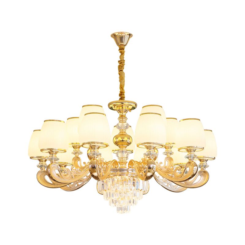 Barrel White Frosted Glass Chandelier Lighting Classic Bedroom Pendant Light with Tiered Crystal Accent
