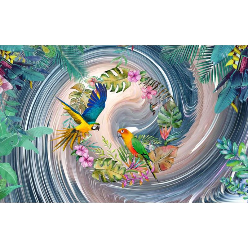 Tropical Style Teenagers Mural Decal Lush Botanical and Birds Blue Wall Covering