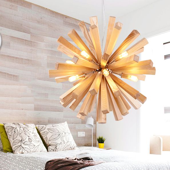Wood Nordic Style Chandelier 10 Lights Hanging Light for Restaurant