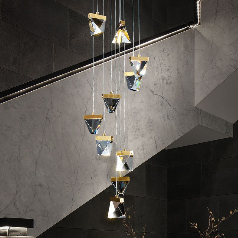 Clear Crystal Triangle Spiral Cluster Pendant Contemporary Hanging Lighting for Stairs
