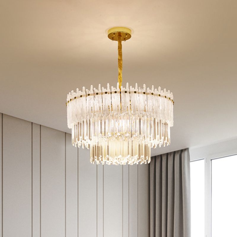 3 Ebenen klarer Kristallstab Anhänger Kronleuchter Modernismus 12 Lichter Gold Suspension Licht