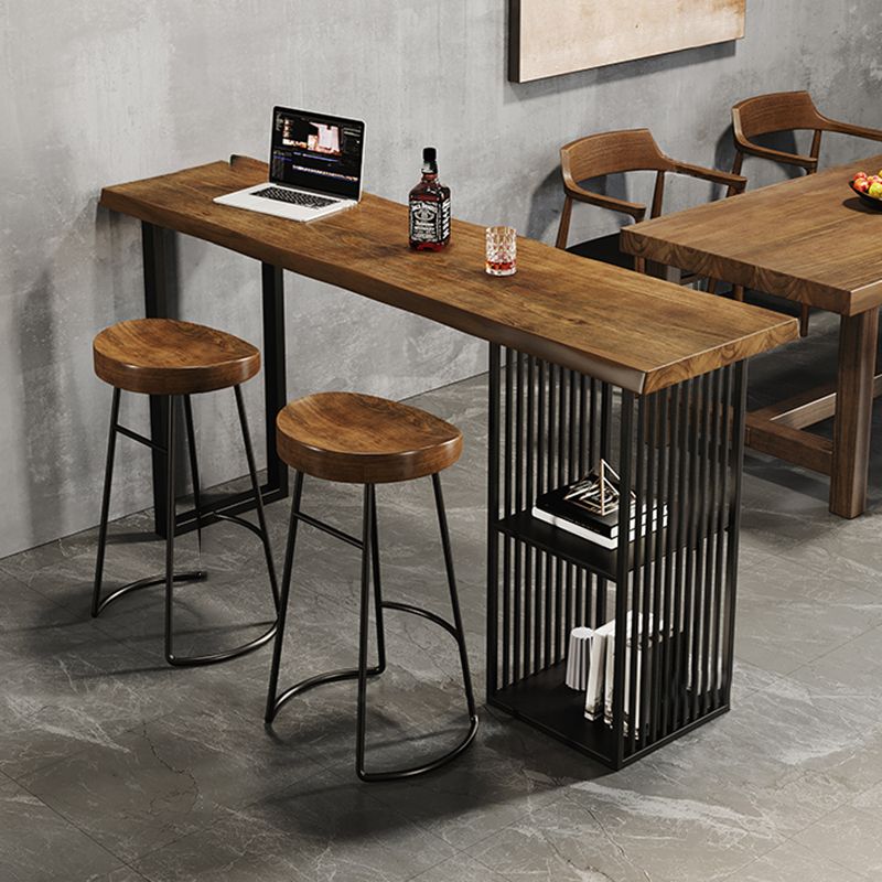 Industrial Bar Table Black Iron Solid Wood Pub Height Dining Table with 2 Shelve