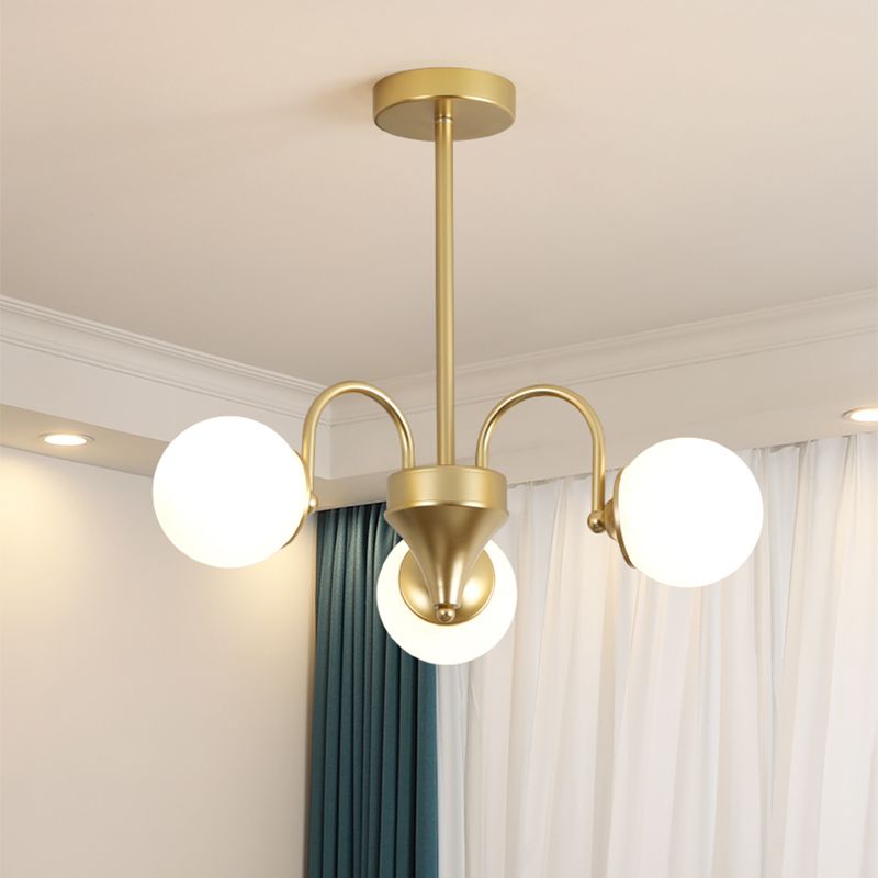 Gold Metal Chandelier Light Fixtures Modern 3-Head Globe Suspension Lamps with White Glass Shade