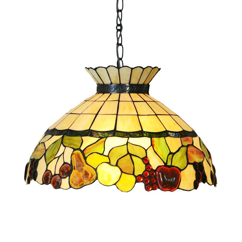 Black 3 Lights Chandelier Baroque Yellow Stained Glass Domed Shade Pendant Lighting