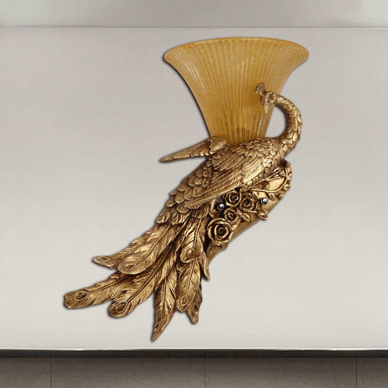 1 HEAD SCONCE LIGHT DIMPLE STYLE VINTAGE BELLE LAMPE MUR DE VERRE JAUNE avec conception de paon doré, gauche / droite