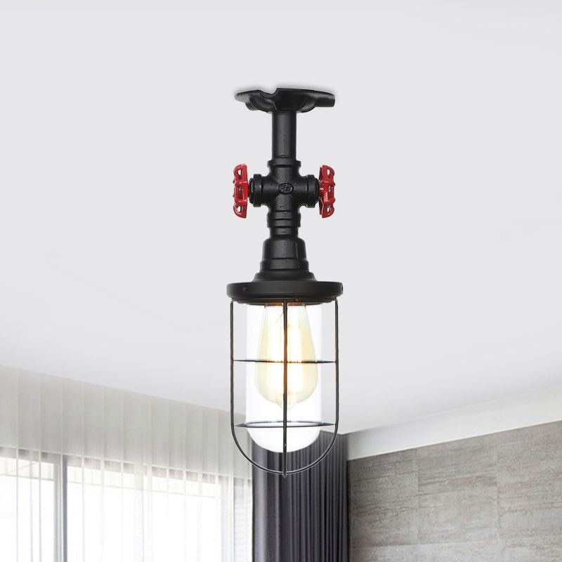 1-Bulb Clear Glass Semi Flush Mount Industrial Black Cage Balcony Ceiling Flush with Valve Deco