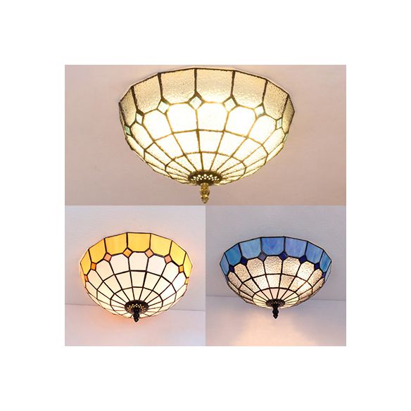 Plafonnier bol en verre teinté Tiffany, 2 lumières, plafonnier en Beige/transparent/bleu pour salle de bain