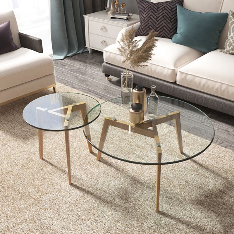 13.7/17.7"H Wooden Base 3 Legs Glass Top Round Coffee Table for Apartment