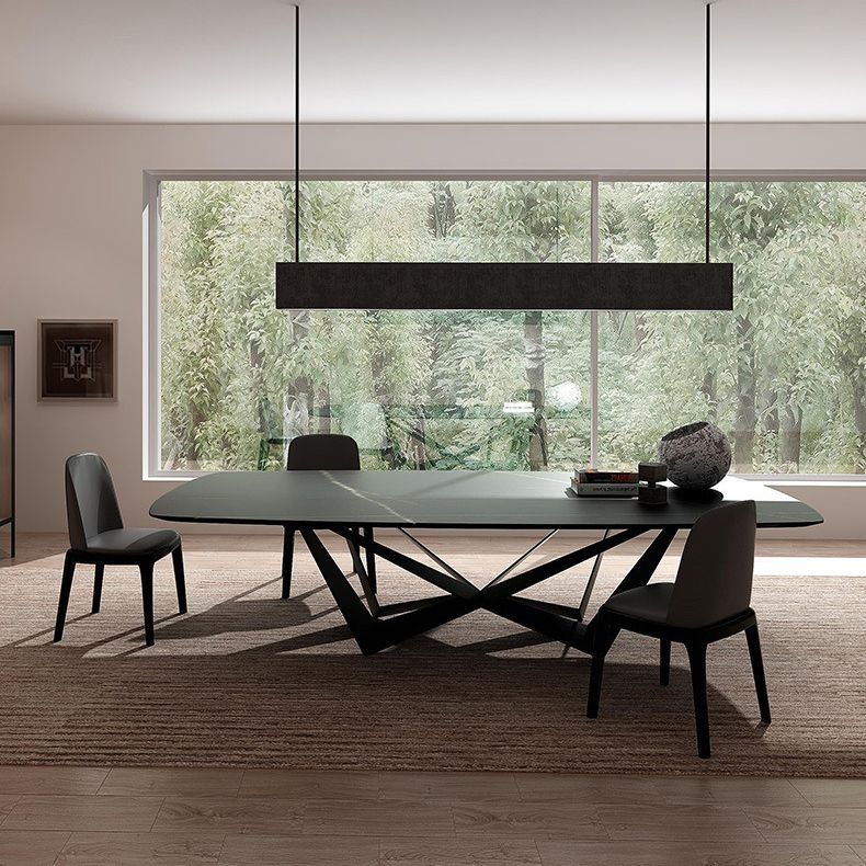 Simplicity Rectangle Dining Room Table Sintered Stone Table with Black Pedestal Base