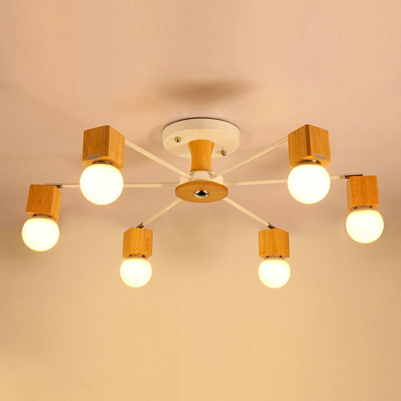 Wooden Cube Semi Mount Lighting Nordic White and Beige Ceiling Flush Light with Open Bulb Design