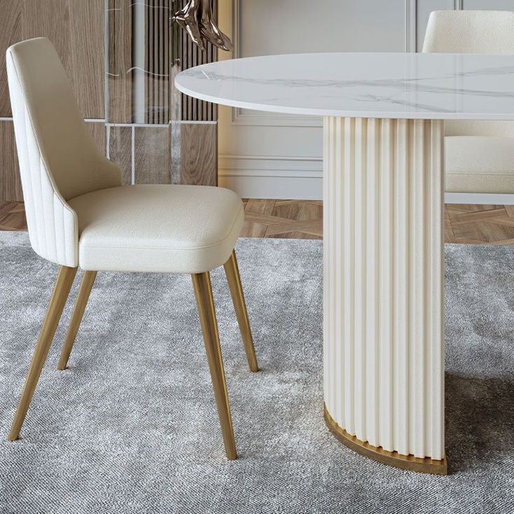 White Stone Dining Table Modern Oval or Free Form White Dining Table with Double Pedestal