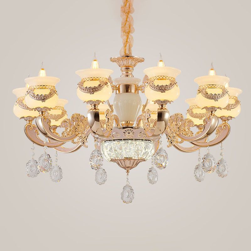 Gold Candle Pendant Chandelier Country Jade Living Room Hanging Lighting with Crystal Accent