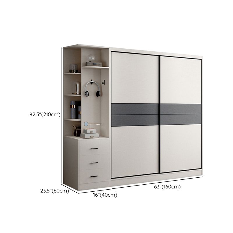 Sliding 2-Door Wood Wardrobe Cabinet Modern Freestanding Wardrobe Armoire with 2 Drawers