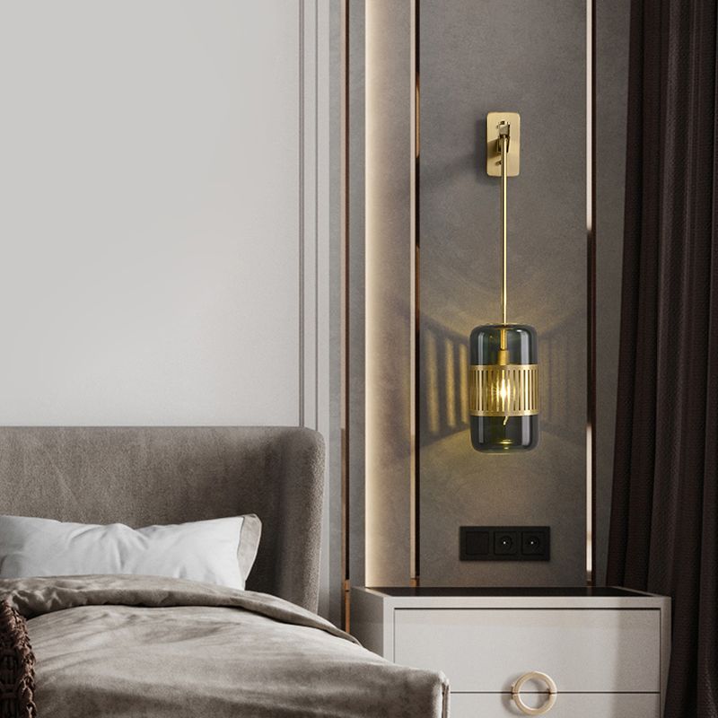 Postmodern Wall Light Fixture Brass Cylindrical Wall Sconce Lighting with Glass Shade