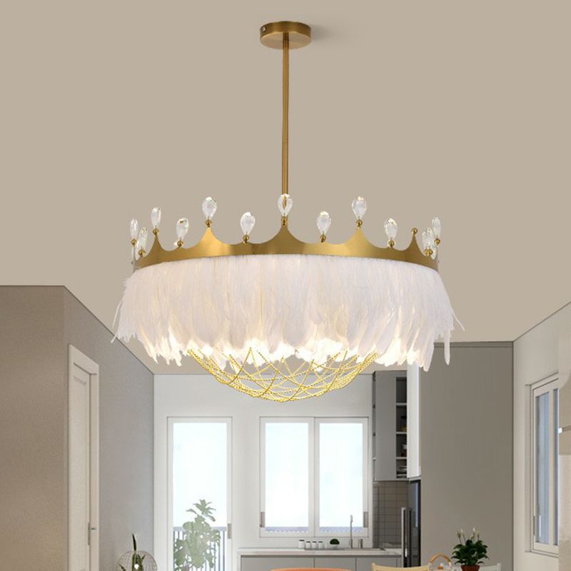 Artistic Crown Shaped Ceiling Light Feather 1 Head Girls Bedroom Hanging Lamp with Chain Net and Crystal