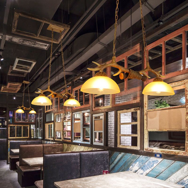 2 Bulbs Pendant Light Retro Dome Beige Glass Hanging Island Light with Decorative Deer Horn