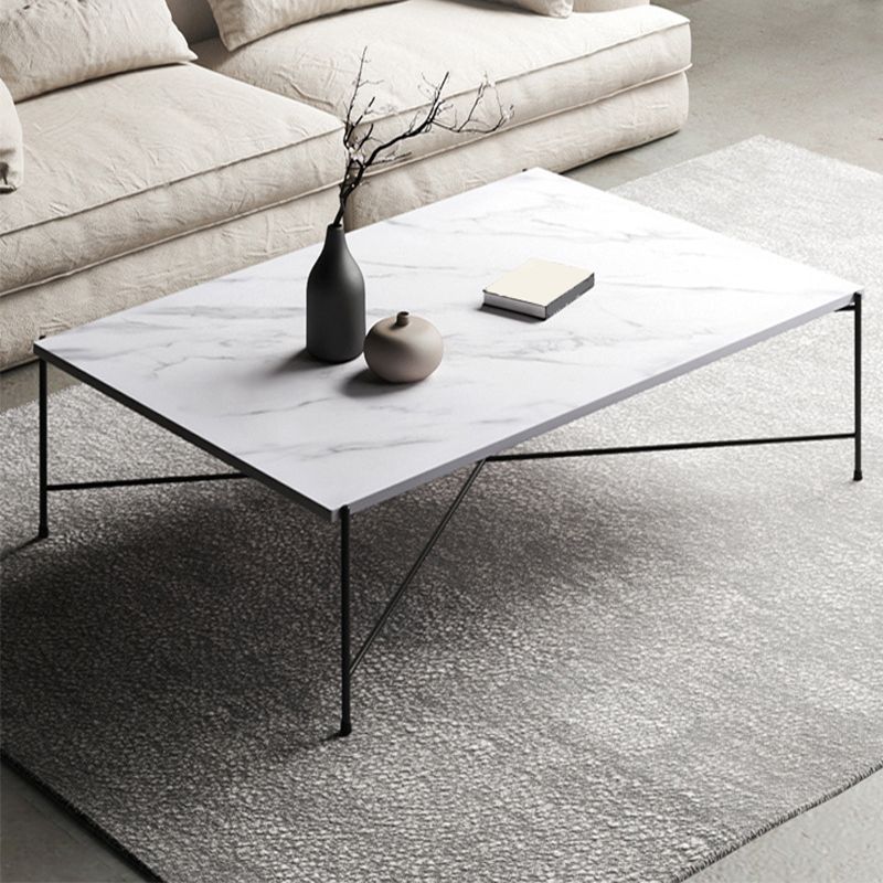 Metal Cross Legs Coffee Table with Rectangular Stone Top in White