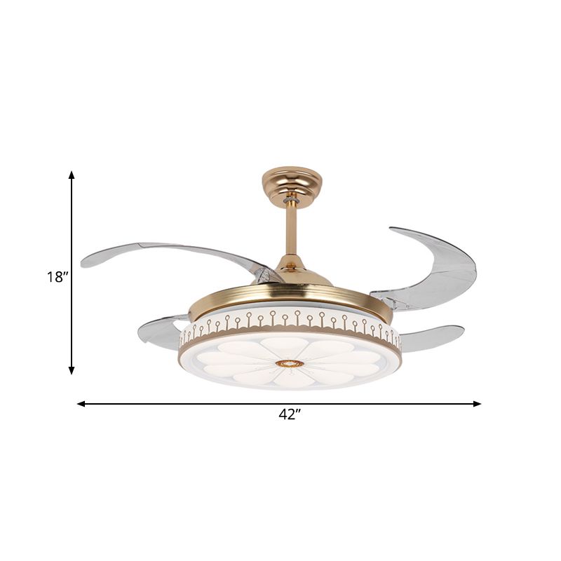 LED 42 "W Ronde ventilatorlamp Modern Gold Metal 4 Blades Semi Flush Mount Lighting voor slaapkamer, afstandsbediening/wandregeling/afstandsbediening en wandregeling