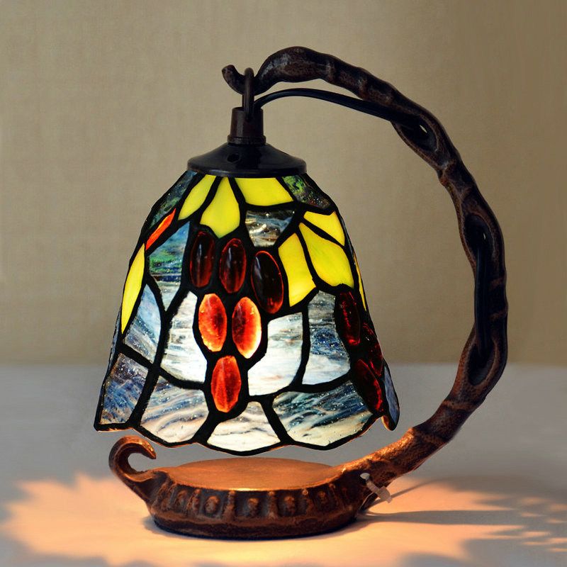 Lampada da tavolo con campana in vetro realizzata a mano in stile Tiffany, lampada da comodino blu a 1 testa con braccio curvo