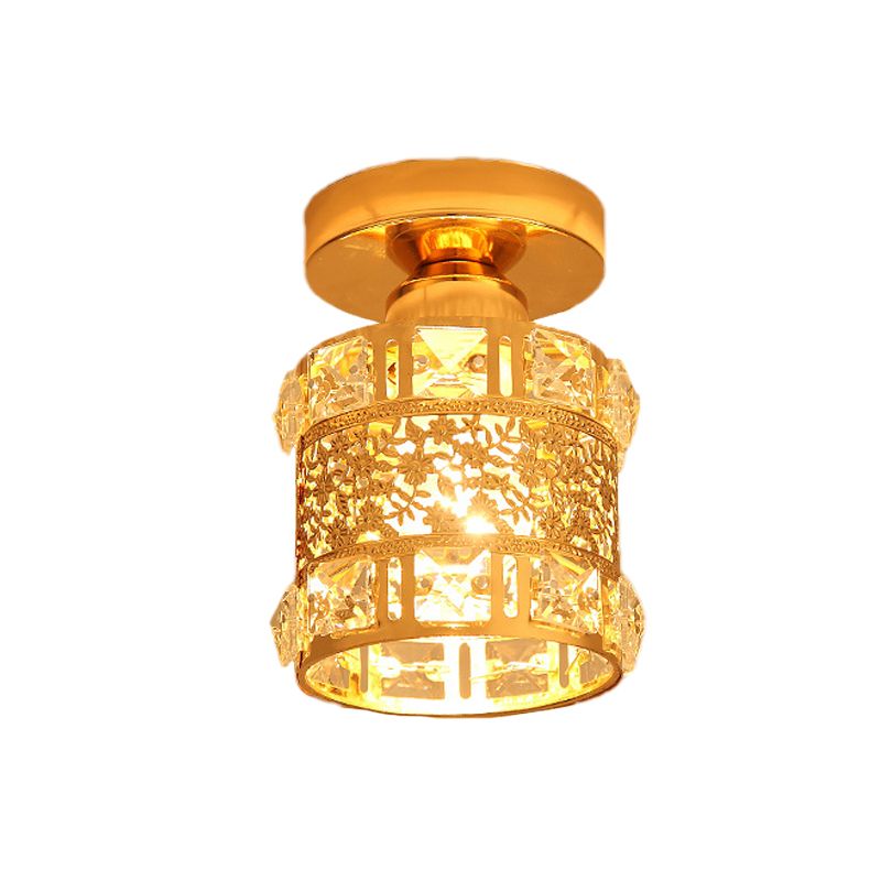 Minimalist Cylinder Ceiling Light Single Bulb Faceted Crystal Flush Mount Lighting in Gold