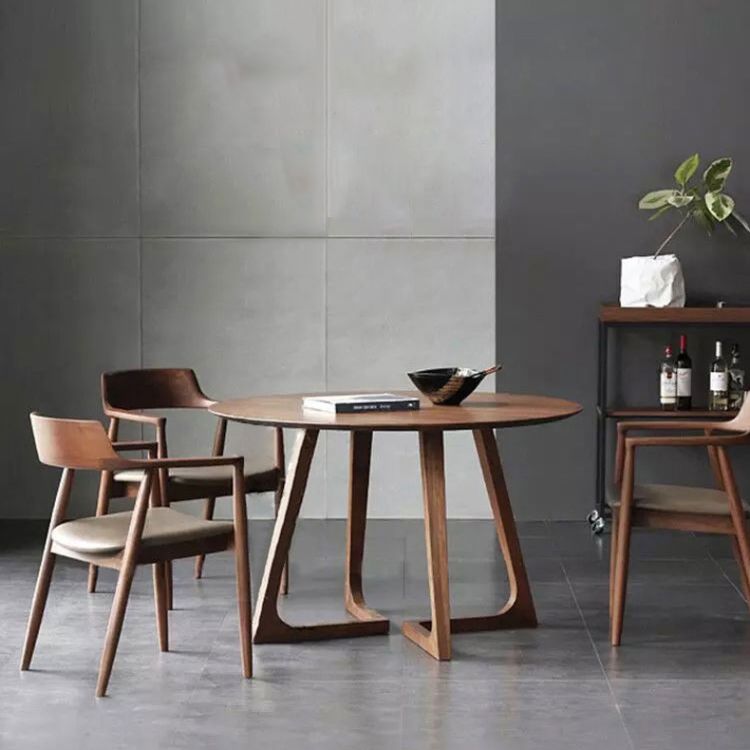 Round Contemporary Fixed Solid Wood Dining Room Table with Solid Wood Legs Kitchen Dining Set