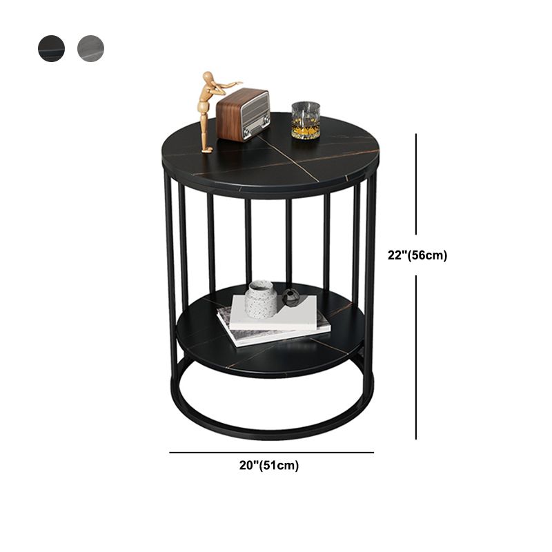 Faux Stone Round End Table Shelf Included Side Table in Black/Grey