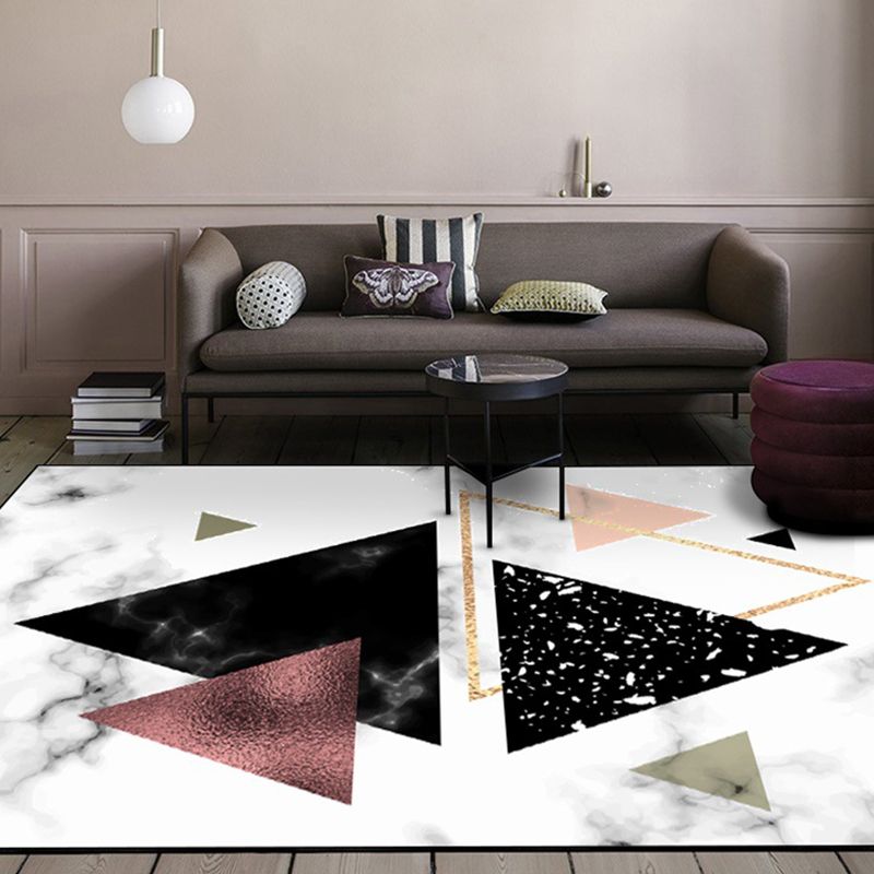 Novelty Triangle Pattern Rug with Marble Surface White Polyester Area Rug Non-Slip Washable Carpet for Living Room