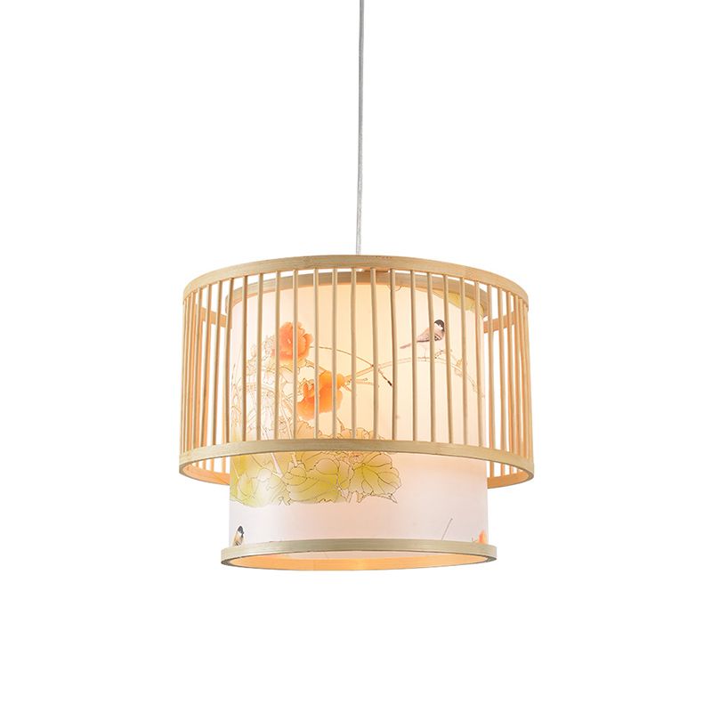 Drum Bamboo Pendant Lamp Asian 1-Light Beige Ceiling Light with Cylindrical Printed Shade