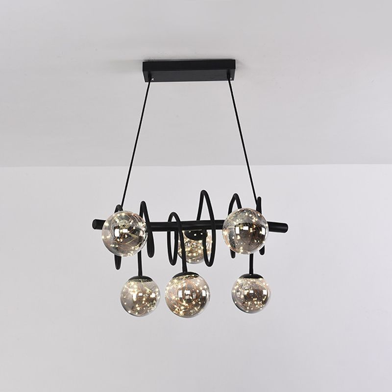 Modern Spiral Island Pendant Light Metal 6 Bulbs Sala da pranzo Lampada a led in nero in nero con sfumatura di vetro grigio grigio.