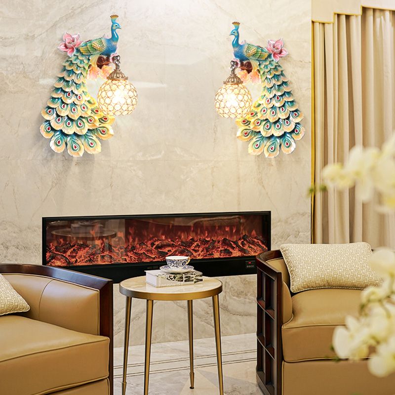 Blue/White Peacock Wall Mounted Light 1 Light Loft Style Resin 1/2-Pack Wall Lamp with Dome Crystal Shade, Double/Right/Left