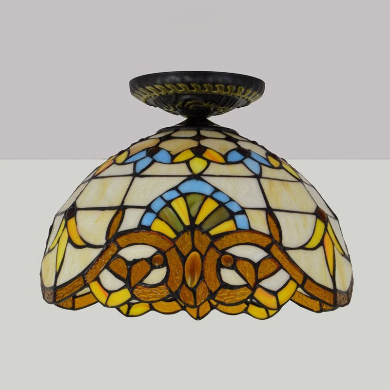 Yellow/Blue 1 Bulb Flush Mount Lighting Tiffany Hand Rolled Art Glass Floral Close to Ceiling Light, 12"/16" W