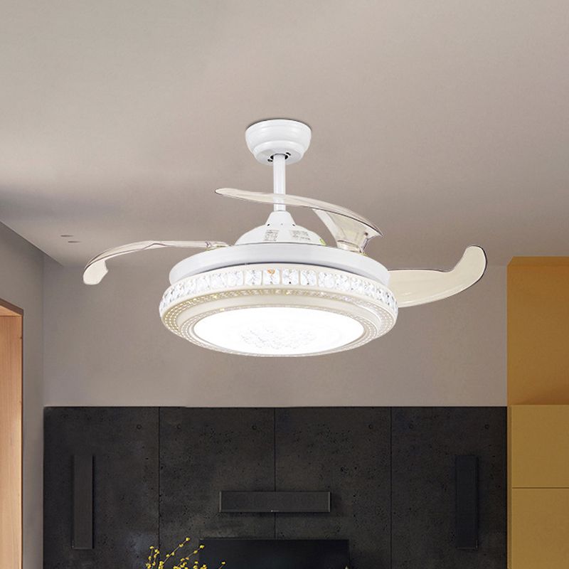 2-Tier Round Crystal Semi Mount Lighting Contemporary 16.5" Wide LED White Hanging Fan Lamp, 4 Blades