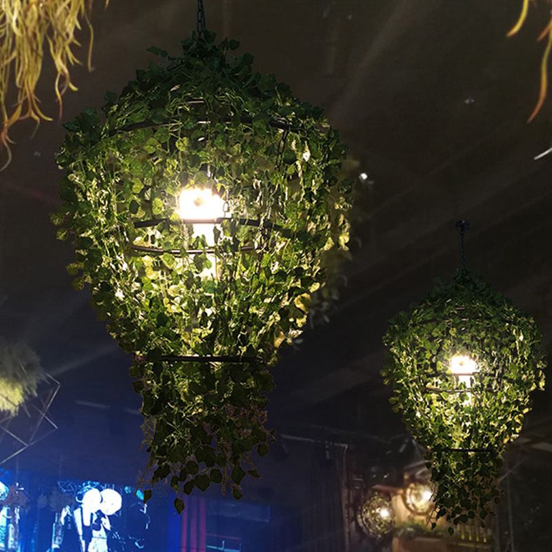 Caged Metal Down Lighting Pendant Retro 1 Bulb Restaurant LED Hanging Ceiling Light in Black with Plant