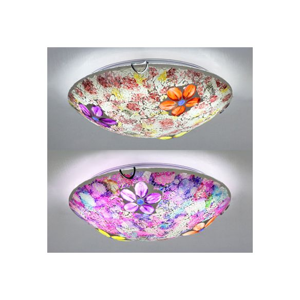 Plafonnier rond de style Tiffany en verre teinté, plafonnier encastré à 1 ampoule avec motif floral en violet/rose