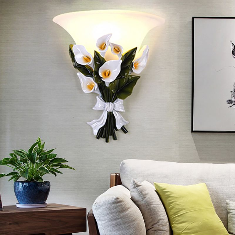 Flared White Glass Sconce Lamp Rustic 1 Light Living Room Wall Mounted Light with Green Bouquet