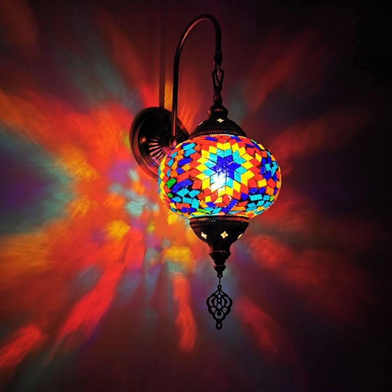 Decorative Sphere Wall Light Fixture 1 Bulb Stained Art Glass Wall Sconce Lamp in Red/Purple/Gold for Bedroom