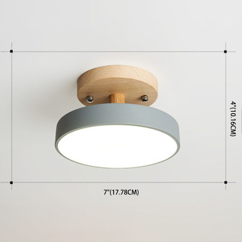 Round Corridor Semi Flush Light Acrylic Macaron Style LED Flush Ceiling Light with Wooden Canopy