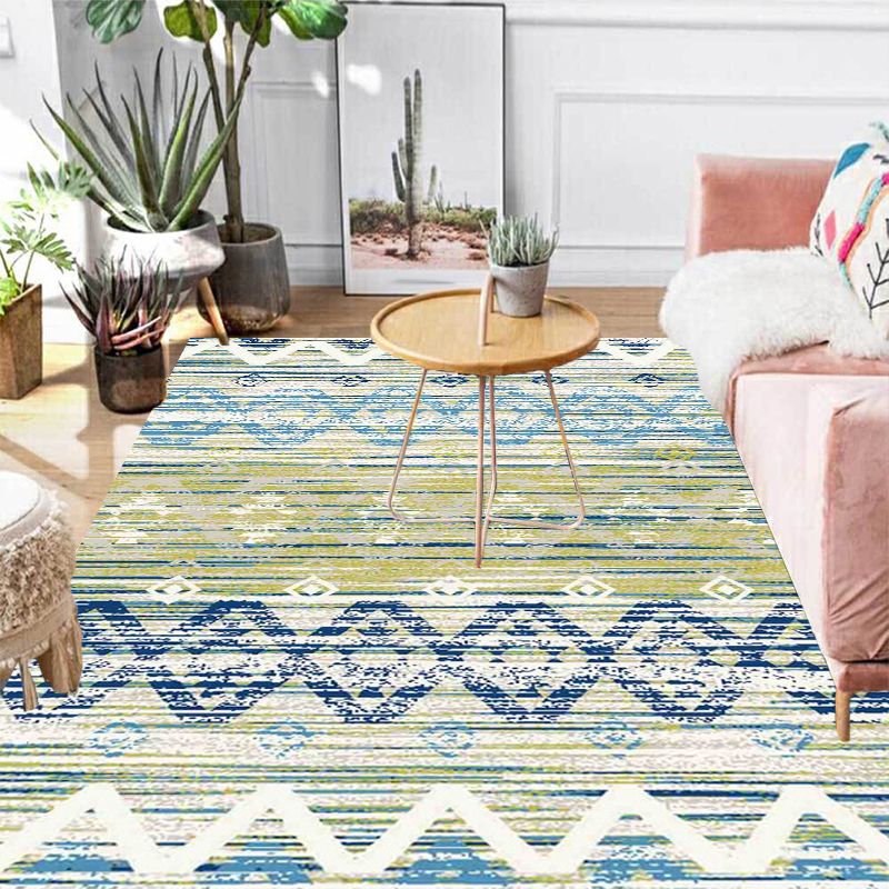 Vintage Tribal Pattern Rug Green and Blue Rug Polyester Washable Pet Friendly Anti-Slip Carpet for Living Room