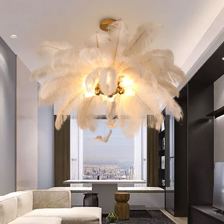 Shaded Ceiling Chandelier Simplistic Feather White Chandelier Light Fixture for Living Room