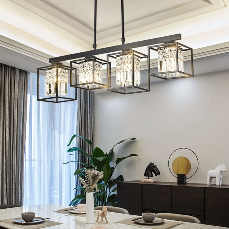 Tri-Sided Crystal Rod Black Hanging Ceiling Light Square 3/4 Heads Contemporary Island Lamp