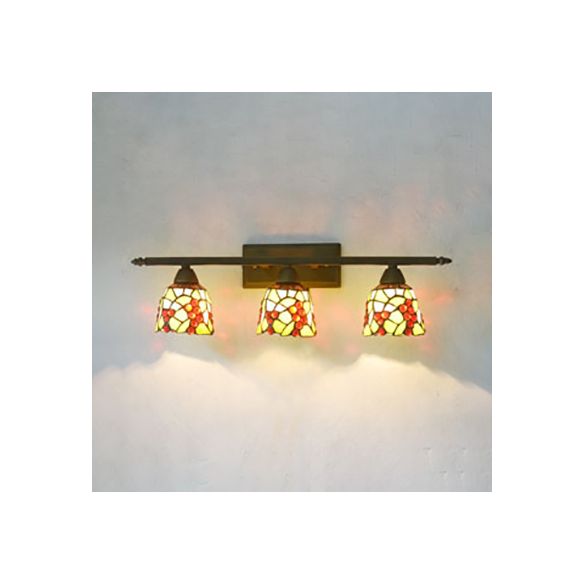 Tiffany Rustic Bell Wall Lighting Stained Glass 3 Lights Bathroom Sconce Lamp in Pink/Red/Orange/Purple