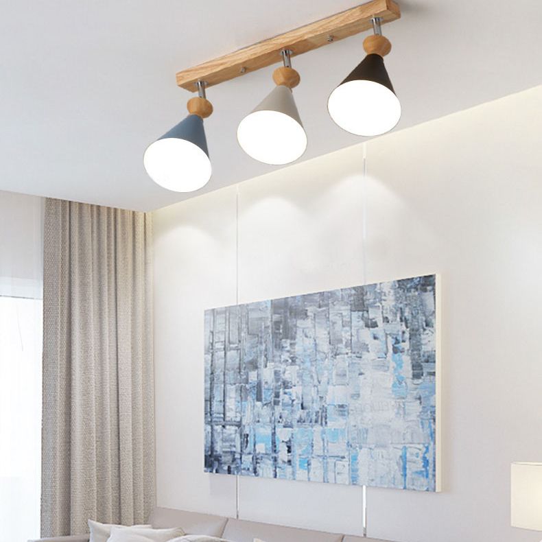 Lámpara de techo de 3 luces de hierro de estilo creativo moderno con montaje semi empotrado de cono de madera para comedor
