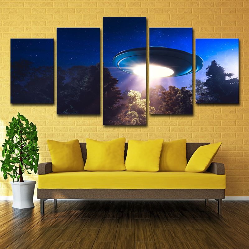 Kids Alien Flying Saucer Canvas Art Dark Blue Multi-Piece Wall Decor for Bedroom