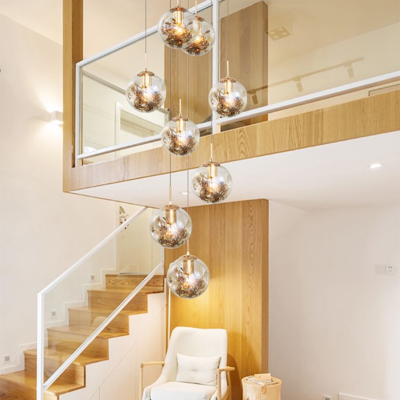 Spherical 10-Light Pendant Modern Cognac Glass Stairway Multiple Hanging Lamp with Shatter Flower Inside