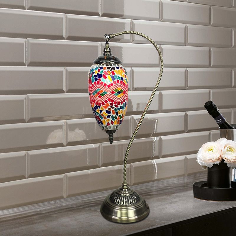 Bohemian Droplet Nightstand Light 1-Bulb Stained Art Glass Night Lamp with Curved Arm in Pink/Red